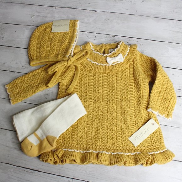 Rachel Zoe Baby Girl's Sweater Dress Bonnet Hat Tights Set Size 6-9 Mo - Picture 2 of 8